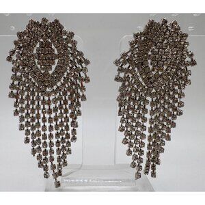 Huge Rhinestone Chandelier Earrings Silver Tone Glass Fringe Statement - 4"